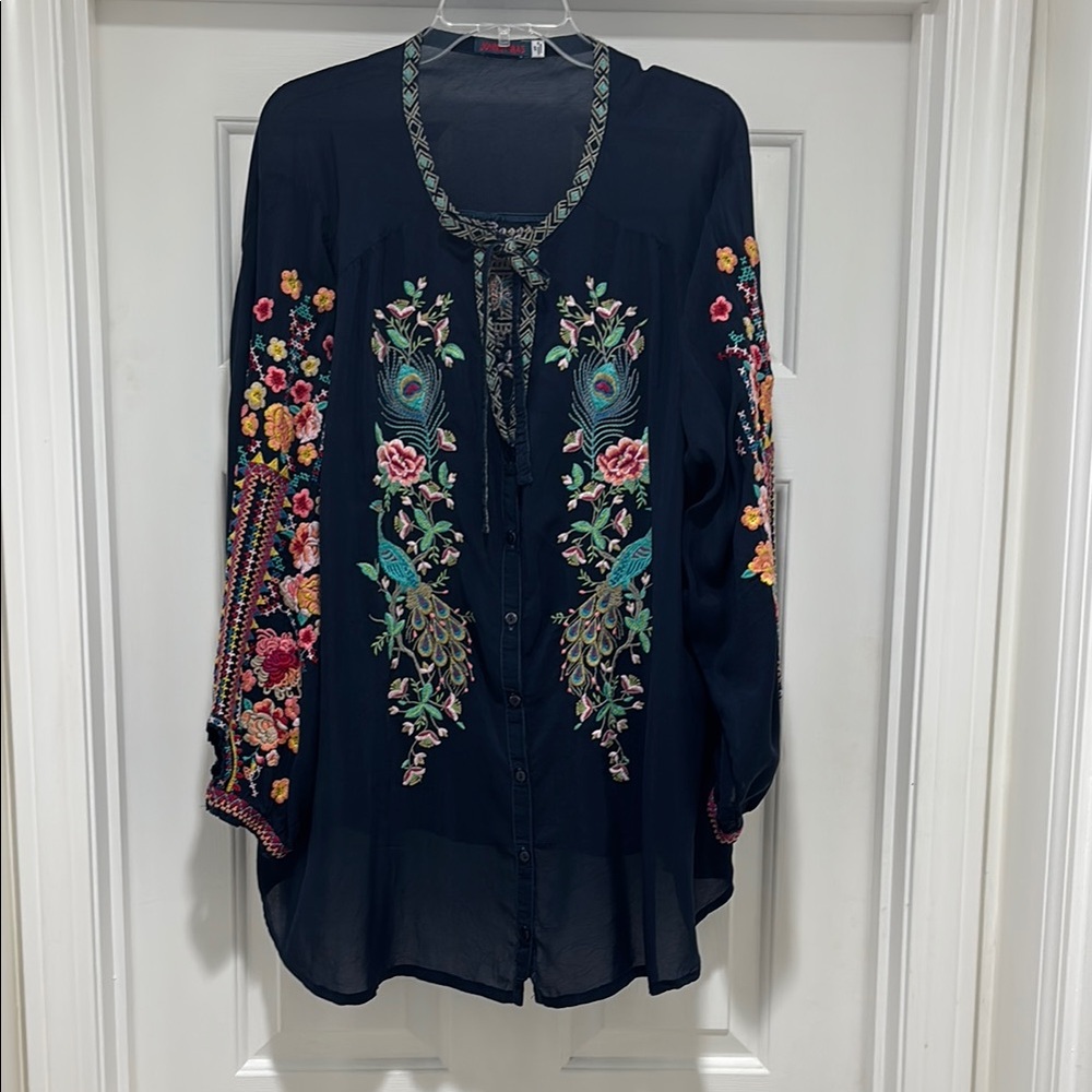 Johnny Was Plus Size Navy Blue Blouse with Vibrant Embroidery 2X